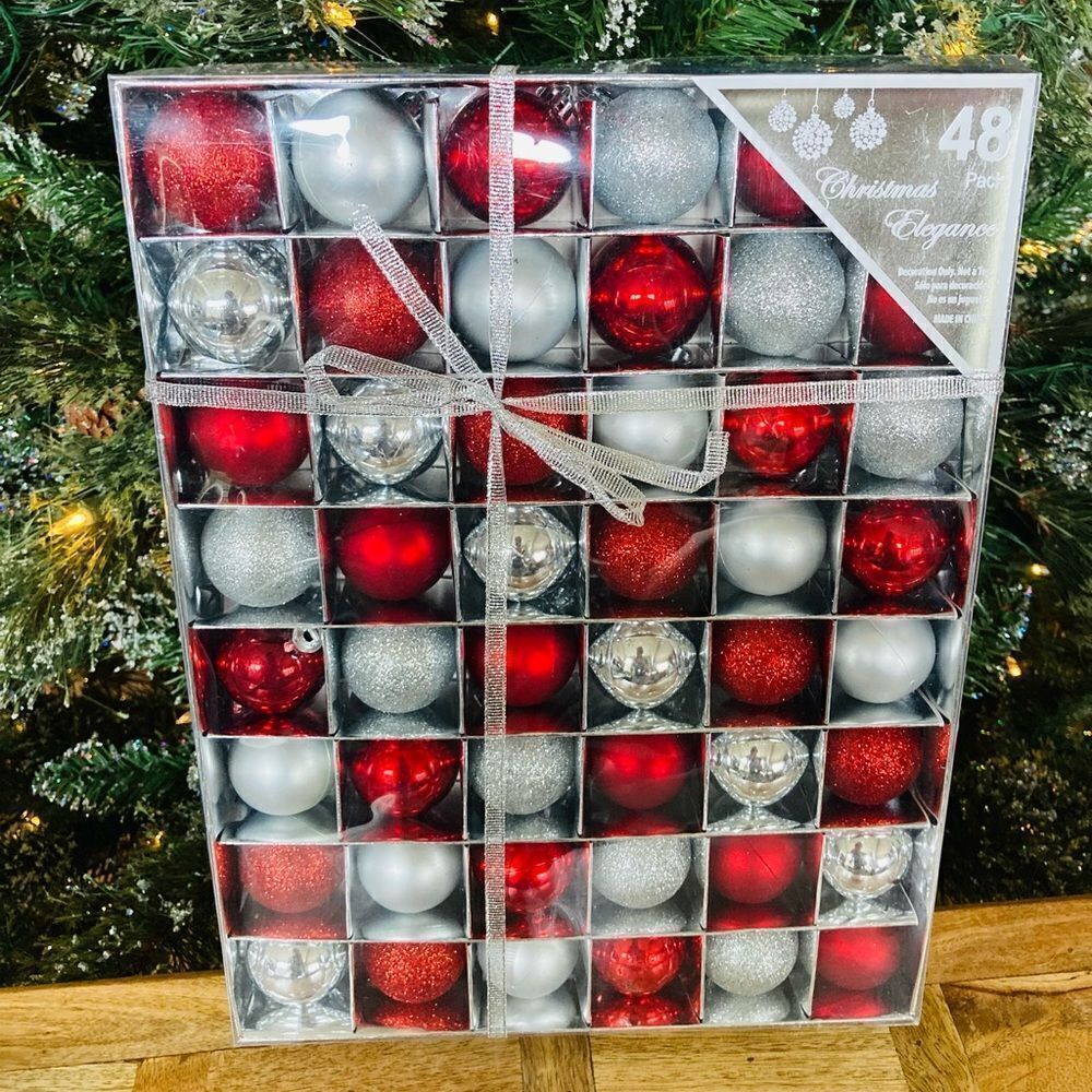 NWT 48-pc Christmas Ball Ornaments Red Silver - Picture 2 of 4